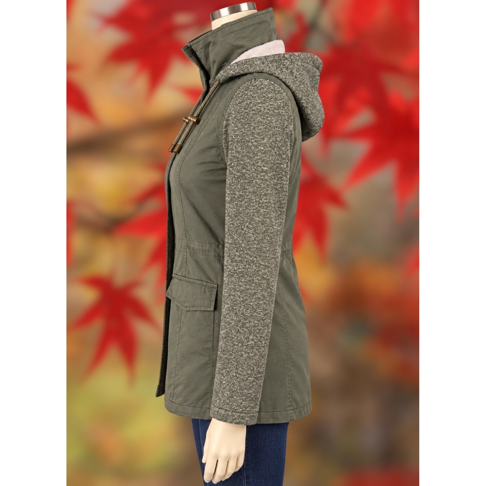 Yoki Sz L Outerwear Olive Green Utility Field Jacket Knit Sleeves Hooded - Picture 2 of 5